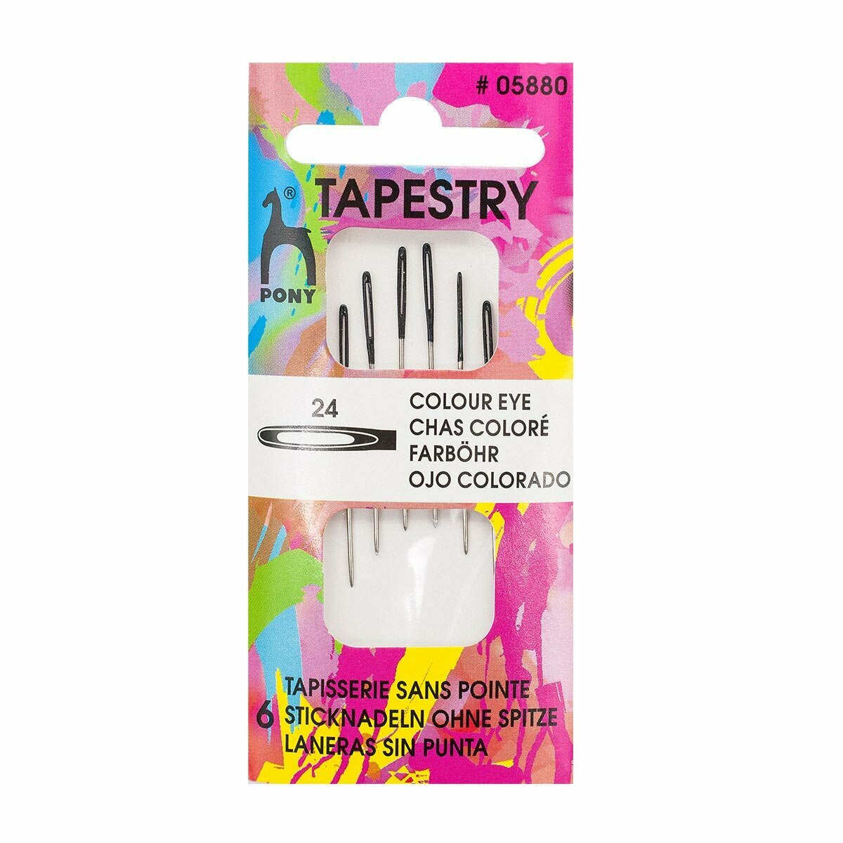 фото 05880 Иглы для гобелен. и трикотаж. тканей с цветн. ушком, №24, серебро/черн, упак.6 шт., PONY