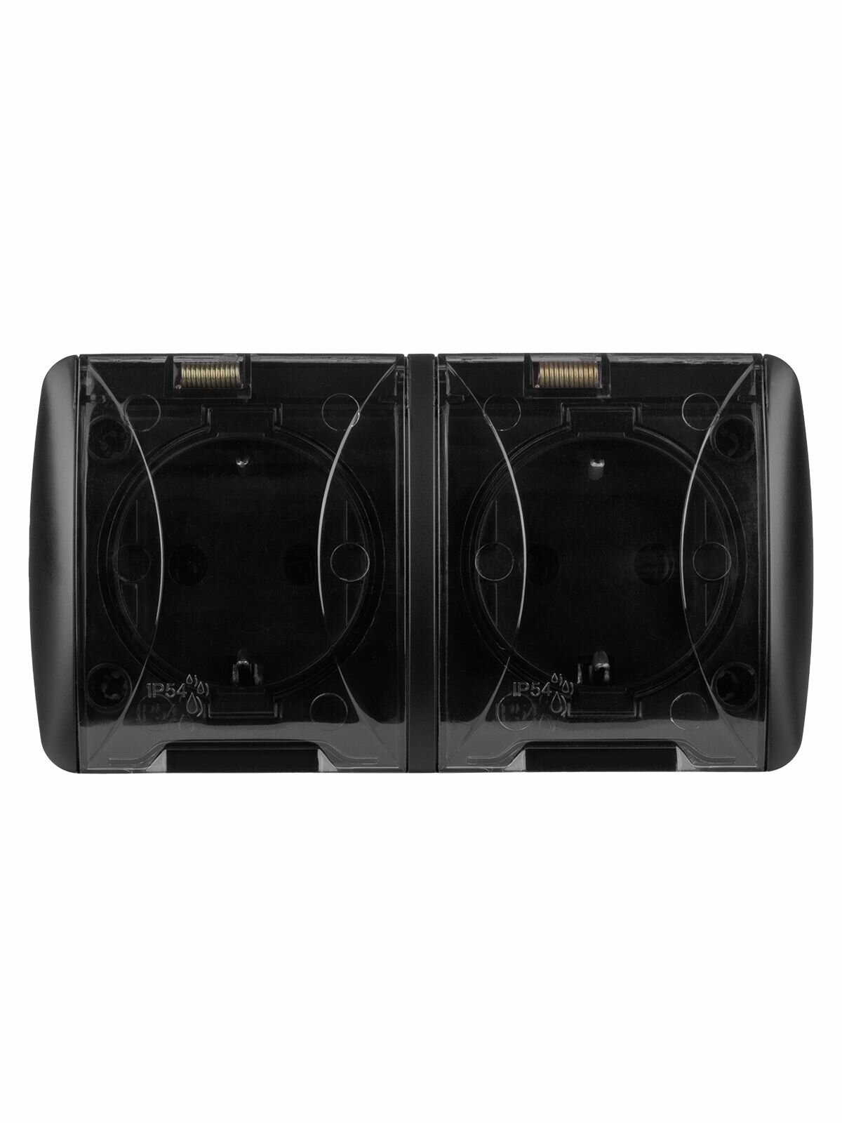 Розетка двойная открытой установки с заземлением с прозрачной крышкой 2П, 16А, графит, IP54, Селигер