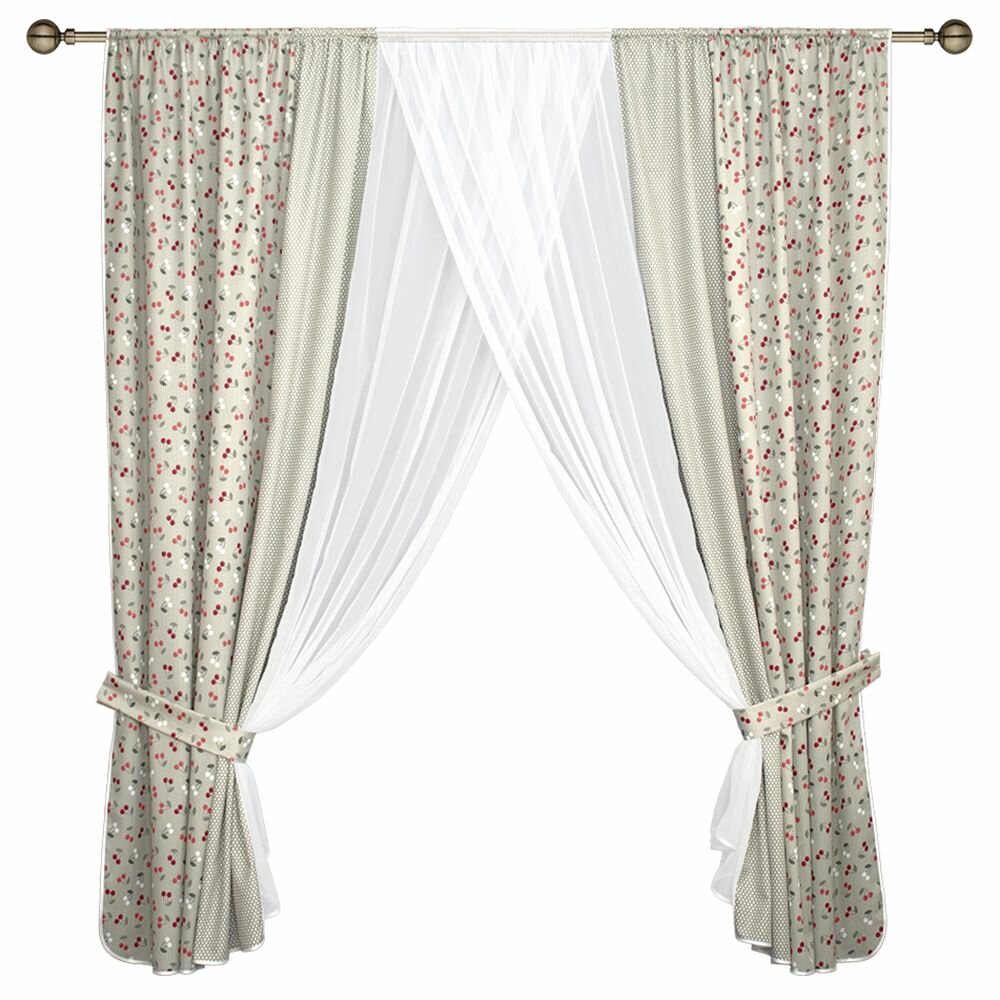 Штора для кухни Вишенки 270х180 см бежевая подхват - 2 шт./уп.