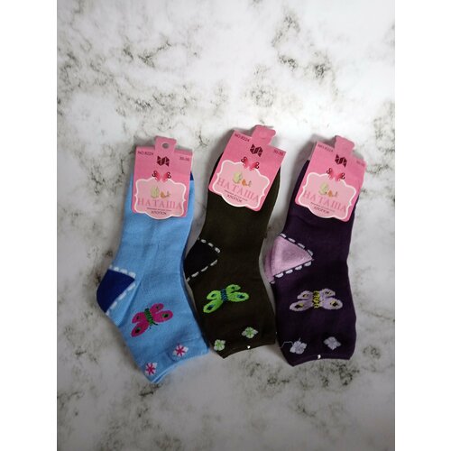 Носки Наташа 3 пары, размер 30-35, голубой, фиолетовый детские носки махровые тигренок