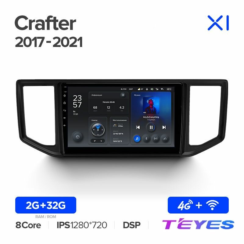 Магнитола Volkswagen Crafter 2017-2021 Teyes X1 4G 2/32GB, штатная магнитола, 8-ми ядерный процессор, IPS экран, DSP, 4G, Wi-Fi, 2 DIN