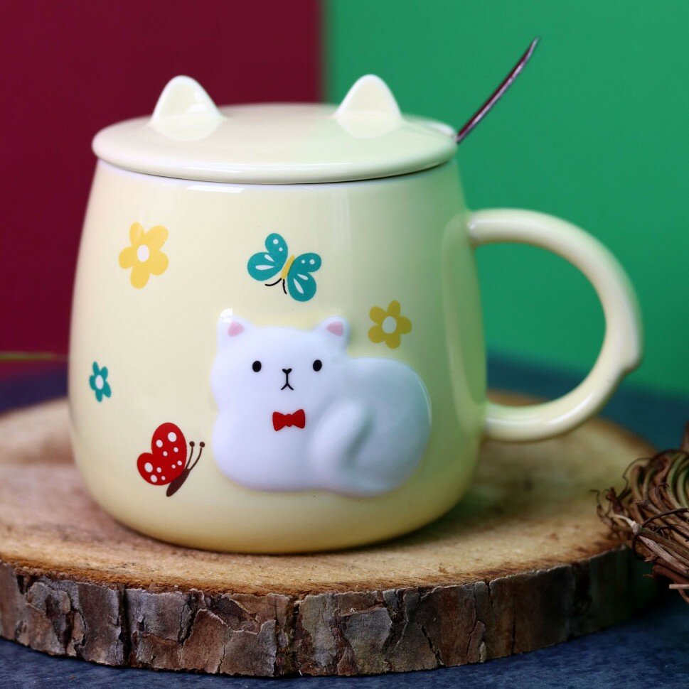 фото Кружка «Cat and butterfly», yellow (400 ml)