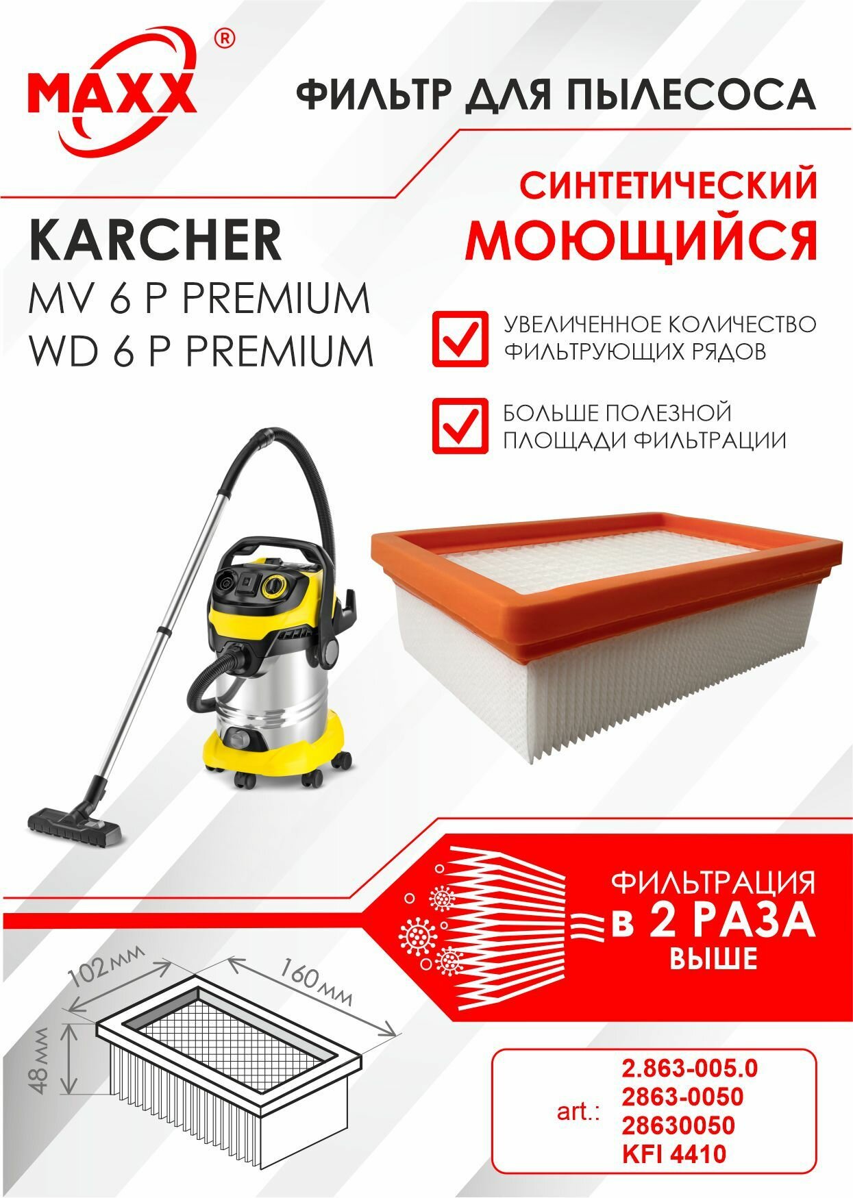 Плоский складчатый фильтр синтетический моющийся для пылесоса Karcher MV 6 MV 6 Premium Karcher WD 6 WD 6 Premium