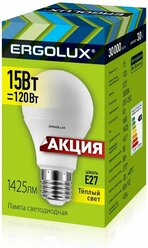 Эл.лампа светодиодная ЛОН LED-А60-15W-E27-3K (15Вт=120Вт 1425Lm E27 3000K 172-265В промо) Ergolux