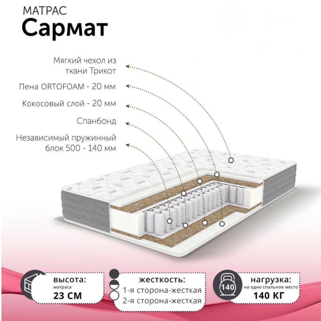 Матрас ортопедический A.G. 180x200, жесткий c кокосом, на блоке независимых пружин