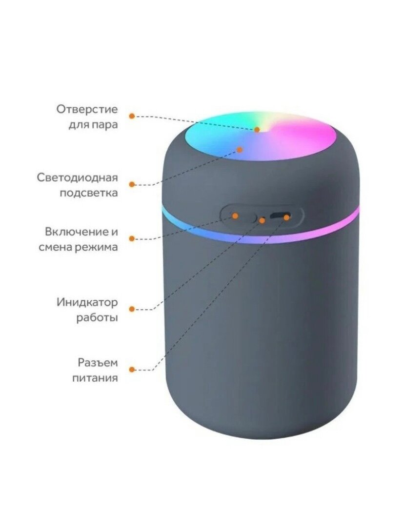 Увлажнитель воздуха, портативный увлажнитель с LED подсветкой, увлажнитель H2O. 300мл, серого цвета