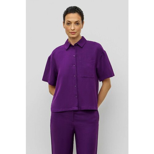 фото Блуза baon, повседневный стиль, оверсайз, короткий рукав, карманы, однотонная, размер 48, фиолетовый