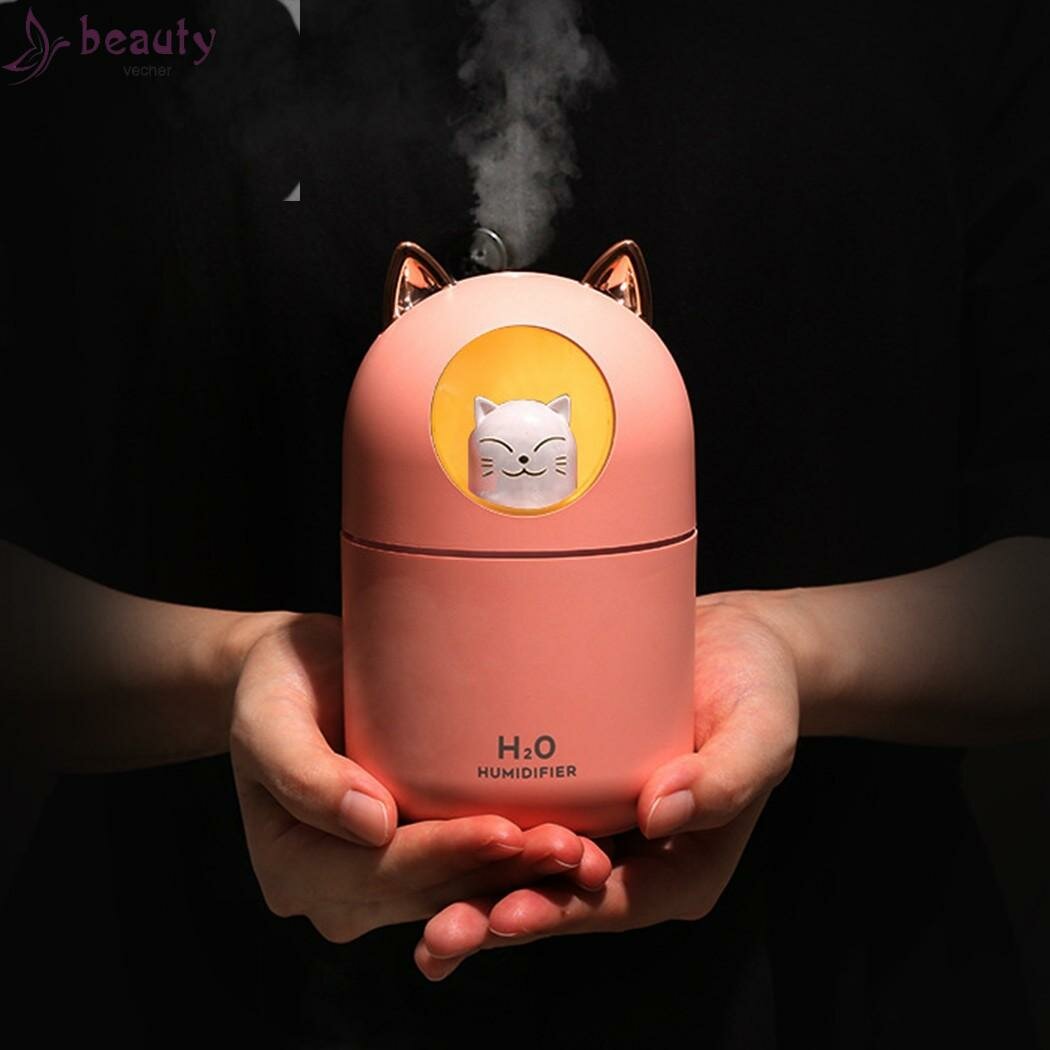 Увлажнитель воздуха мини Котик с подсветкой, ультразвуковой увлажнитель для дома, ночник светильник, розовый - фотография № 19
