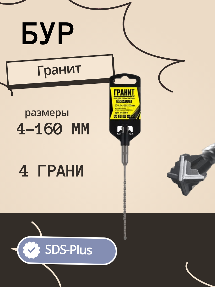 бур по бетону sds-plus гранит quadro-x 4,0х160/100,444160 - фото №9