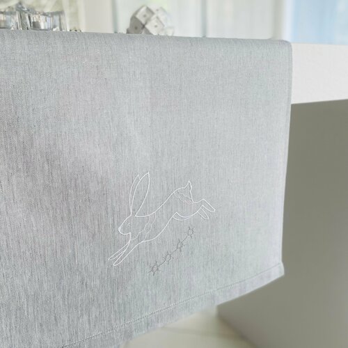 Дорожка ULULA Зайцы 45 х 150 см, лён/хлопок, вышивка белым, мережка