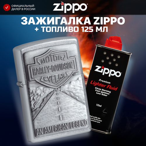 Зажигалка ZIPPO 20229 Harley-Davidson, серебристая, матовая с покрытием Street Chrome + высококачественное топливо 125 мл зажигалка zippo harley davidson