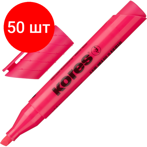 Комплект 50 штук, Маркер текстовыделитель KORES 1-5 мм розовый 36002