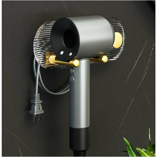 Держатель настенный DAENERO, полка в ванную для фена Dyson, прозрачно-золотистая матовая с магнитными вставками, легкая установка