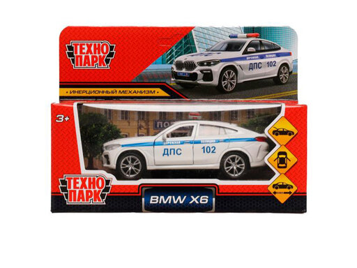 фото 335441 Машина металл BMW X6 полиция длина 12 см, двери, багаж, инерц, белый, кор. Технопарк