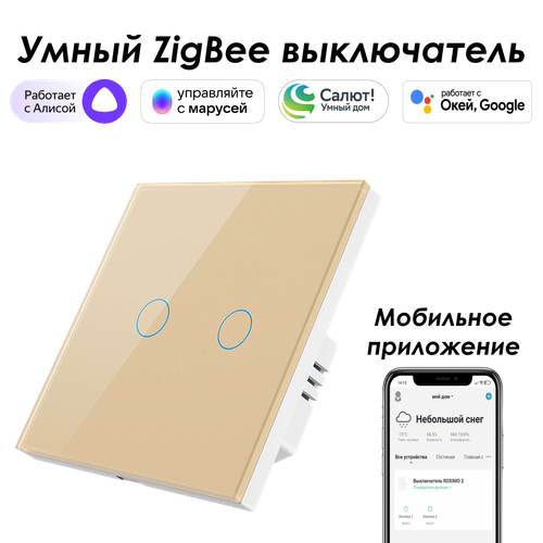 Умный Zigbee выключатель ROXIMO сенсорный, двухкнопочный, золотой умный zigbee выключатель roximo сенсорный двухкнопочный серый