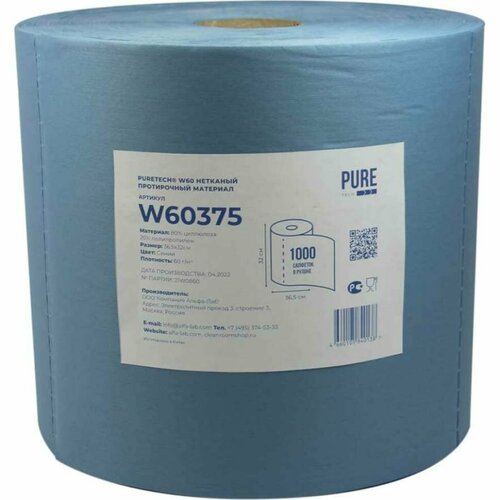 Нетканый протирочный материал Puretech W60 60г/м2, 1слой, синий, 36.5x32 см, 1000 л/рулон W60375