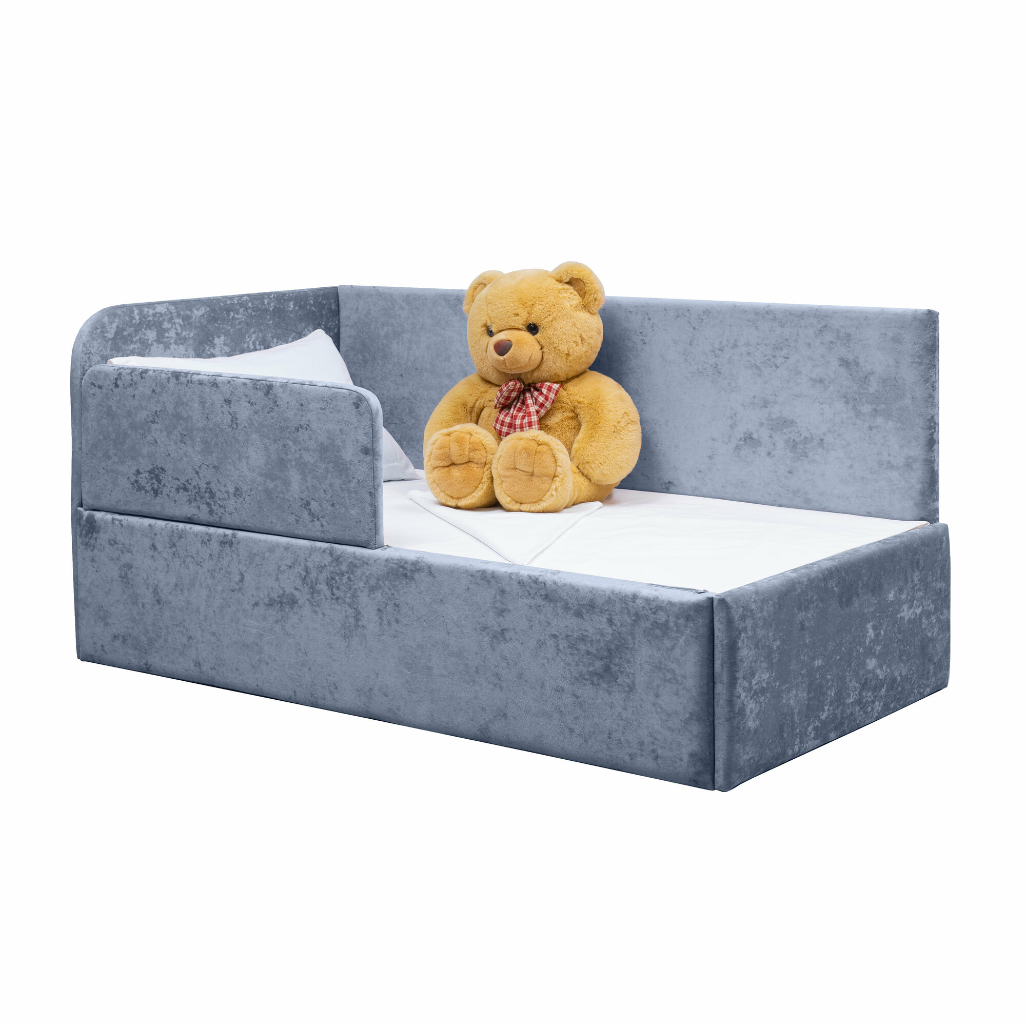 Кровать-диван Непоседа 160*80 голубая с защитным бортиком, без ящика, универсальный угол сборки