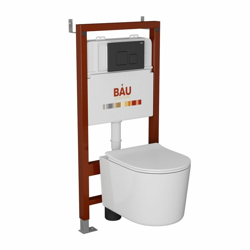 Комплект BAU 6 в 1: инсталляция BAU PRO, унитаз подвесной безободковый Bau Hotel PRO, сиденье микролифт, кнопка смыва BAU Soul, черная матовая