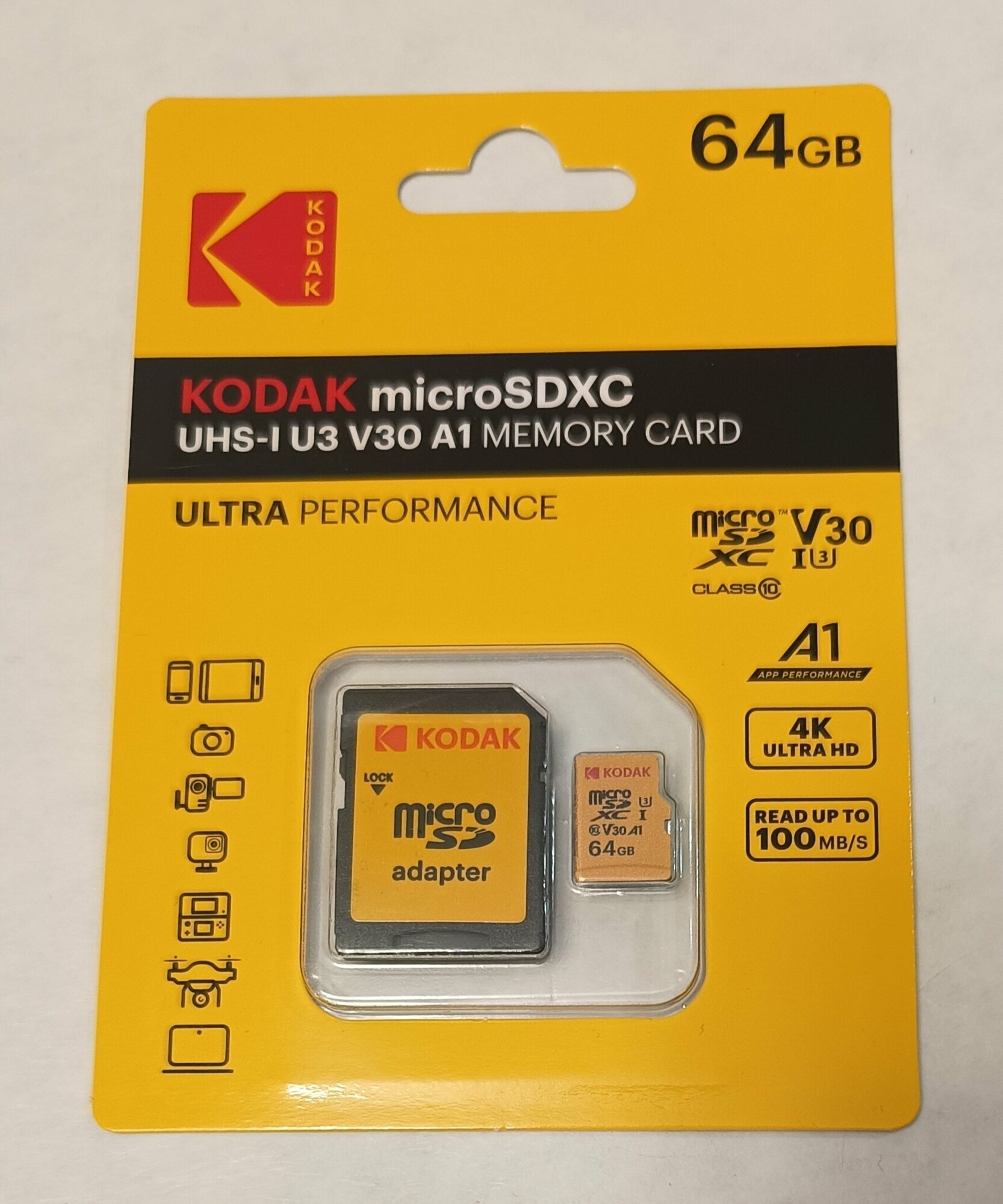 Карта памяти Kodak Micro SD класс 10 UHS-1 U3 V30 A1 64 ГБ 4K