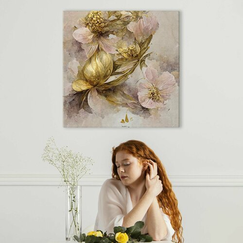 Квадратная картина на холсте для интерьера - Красивые розовые цветы акварель 60х60 см