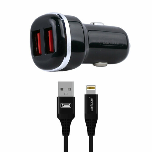 Автомобильное зарядное устройство (АЗУ) Earldom ES-138I, 2 разъема USB, с кабелем Lightning 8-pin, 1 метр, 2.4А, 12Вт, черный зарядное устройство 1xusb с кабелем lightning 1м 2 1а earldom es 201i черный