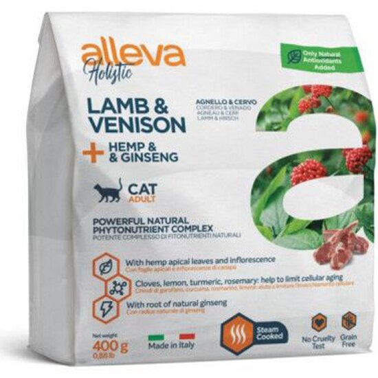 Корм сухой Alleva Holistic для взрослых кошек с ягненком и олениной, коноплей и женьшенем 0,4 кг