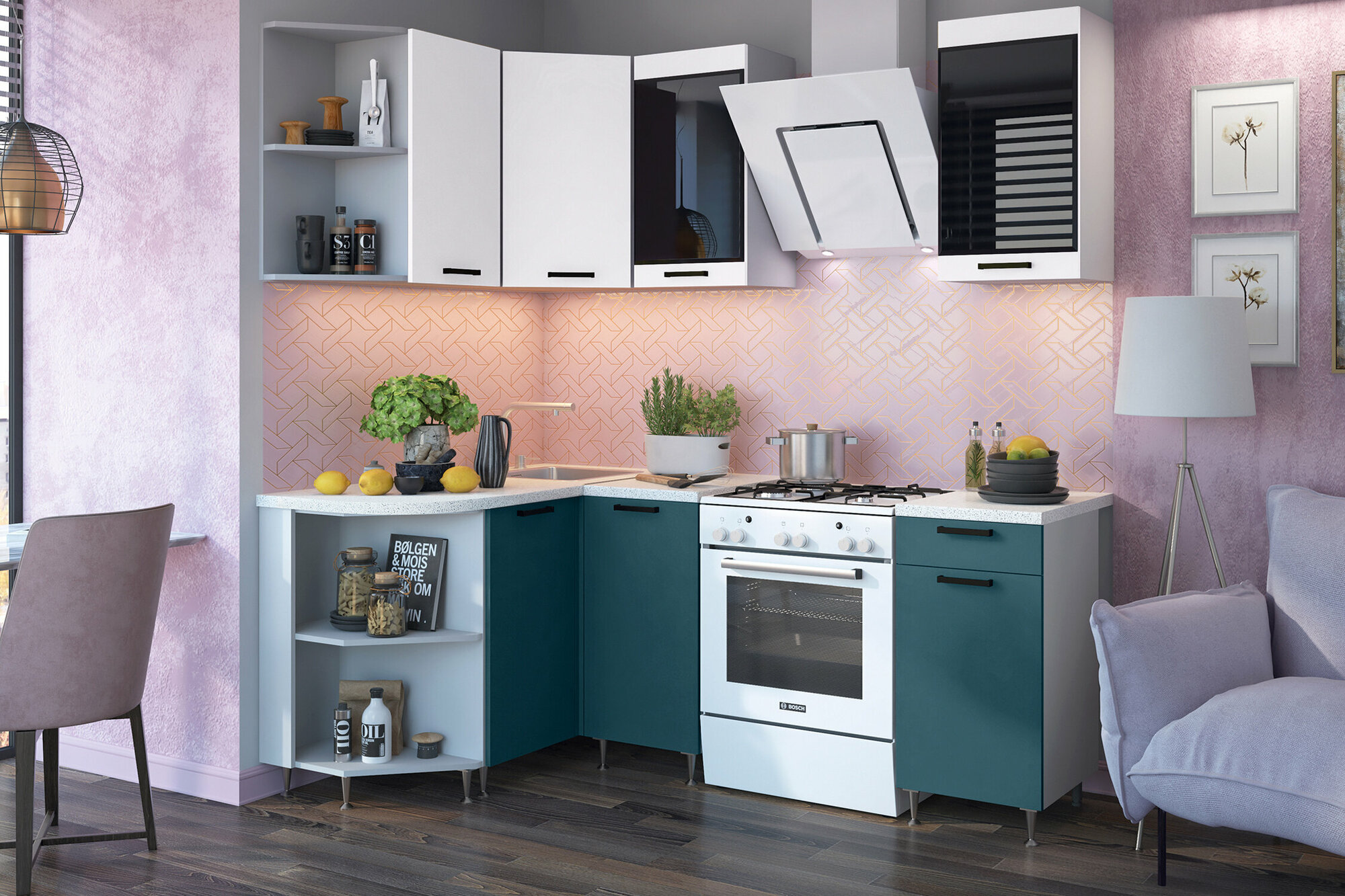 Кухонный гарнитур угловой Нонтон Техно, 130х140 см, белый снег софт / атлантик софт