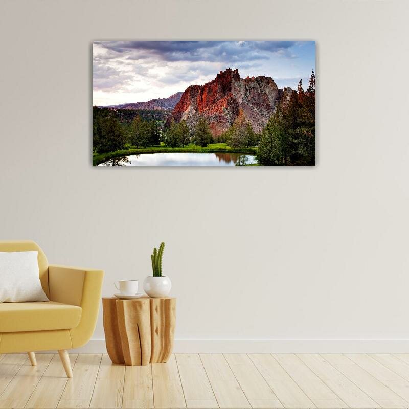 Картина на холсте 60x110 LinxOne "Деревья озеро скалы природа горы" интерьерная для дома / на стену / на кухню / с подрамником