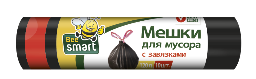 Мешки для мусора Bee SMART 120 литров, 12 мкм, с завязками, 10 штук, черный, ПНД арт.402040