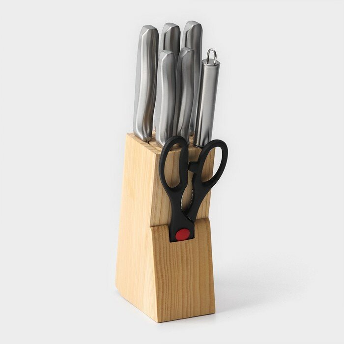 Доляна Набор ножей кухонных на подставке Доляна «Металлик», 7 предметов: 5 ножей, мусат и ножницы, цвет серебристый