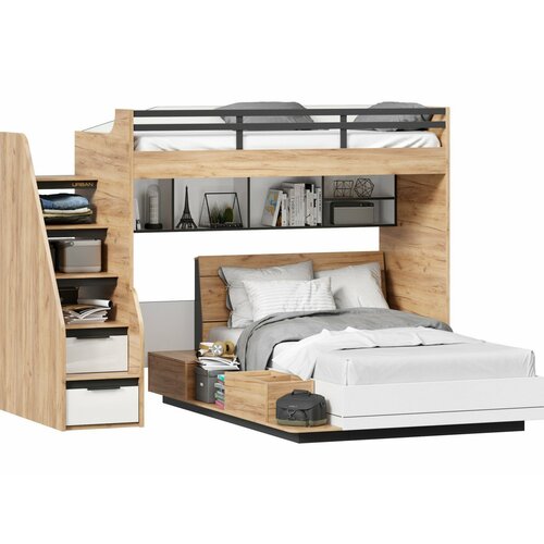 Урбан Кровать-чердак, полутороспальная кровать с тумбой приставной и полкой (правая Дуб Золотой/Белый)