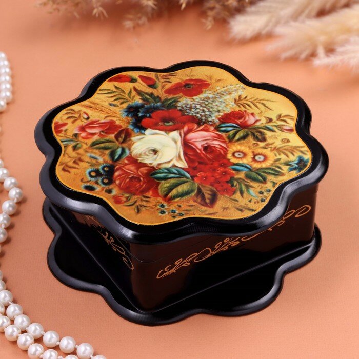фото Шкатулка "Золото жостово", черная, 16 х 16 см, лаковая миниатюра 9938686