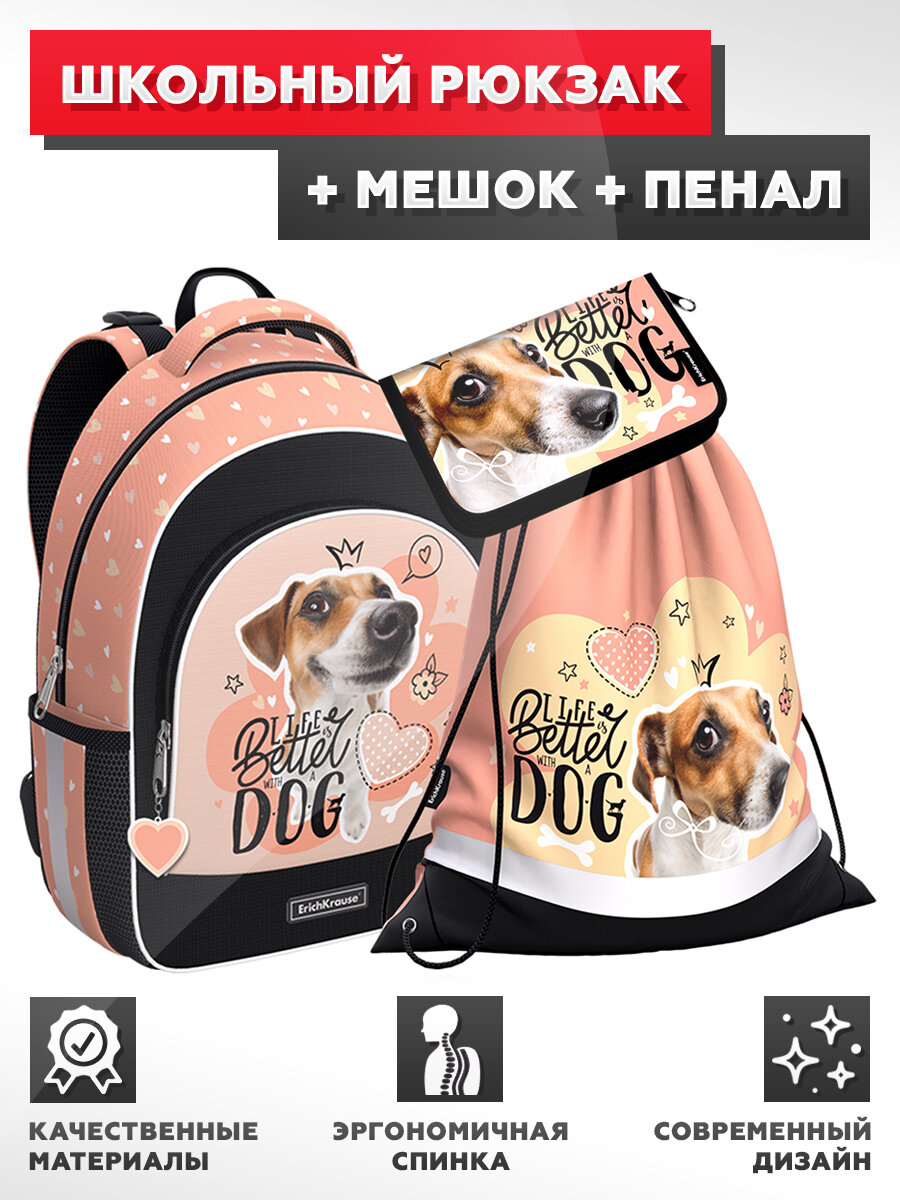 Школьный рюкзак с грудной перемычкой ErichKrause - ErgoLine 15L - Jack Russel - с наполнением (мешок + пенал)