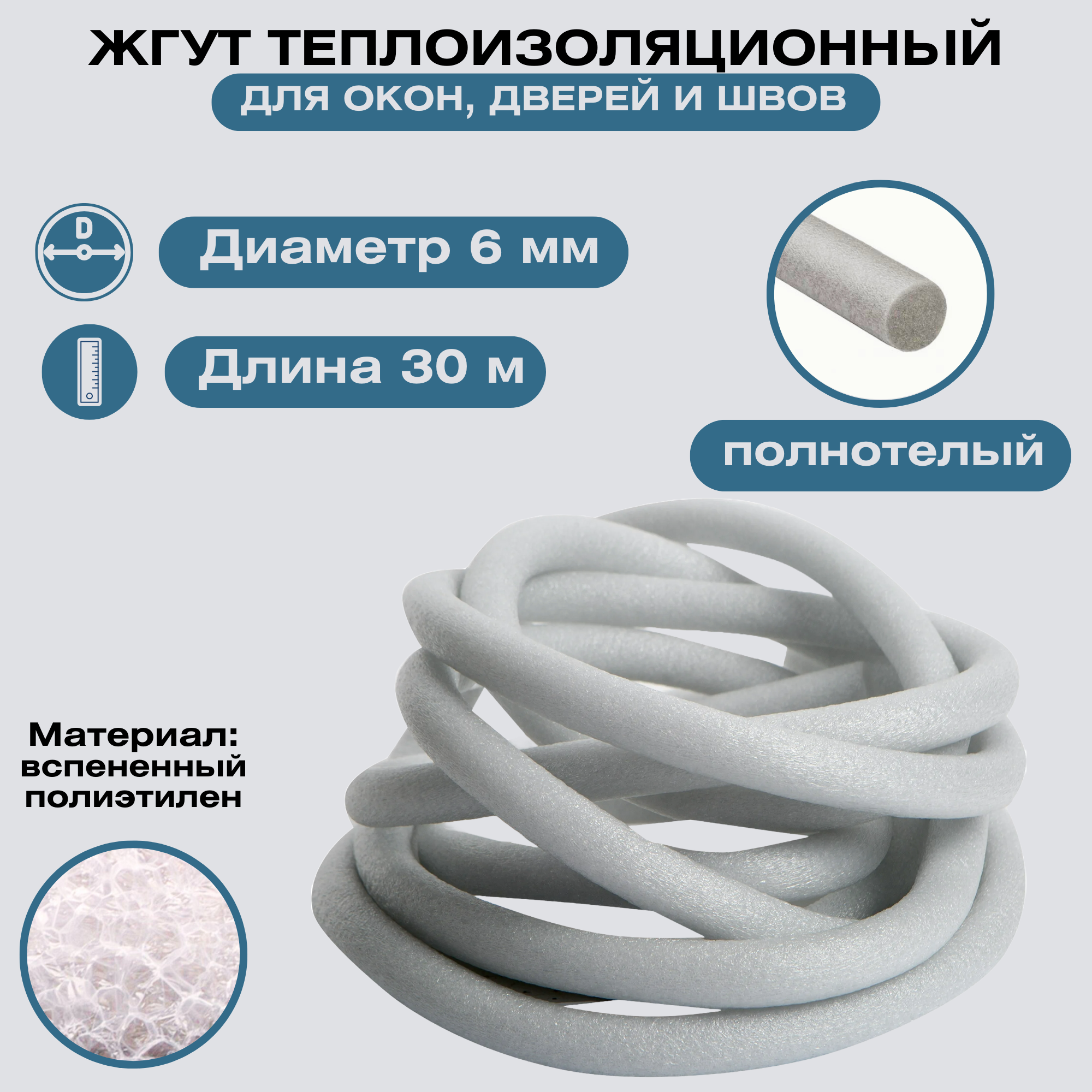 фото Жгут теплоизоляционный 6мм x 30м, для снижения уровня тепловых потерь в доме, квартире, других помещениях. Применяется в процессе монтажа окон и дверей