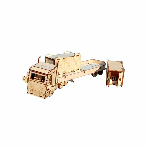 фото Конструктор из дерева фанеры для сборки "грузовик с прицепом" + 2 контейнера в наборе. деревянная сборная модель конструктор. pollika