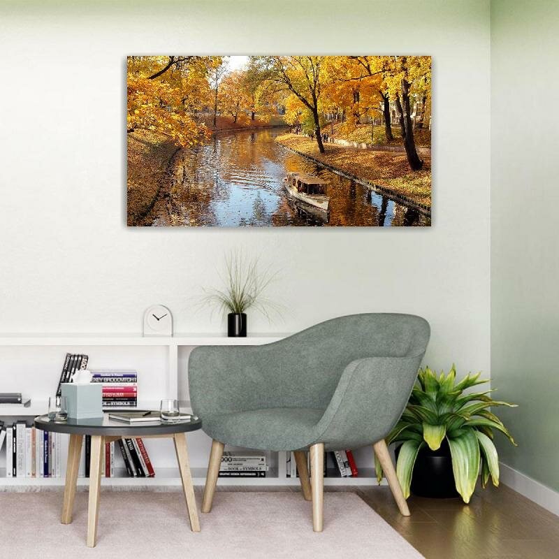 Картина на холсте 60x110 LinxOne "Природа лодка осень река" интерьерная для дома / на стену / на кухню / с подрамником