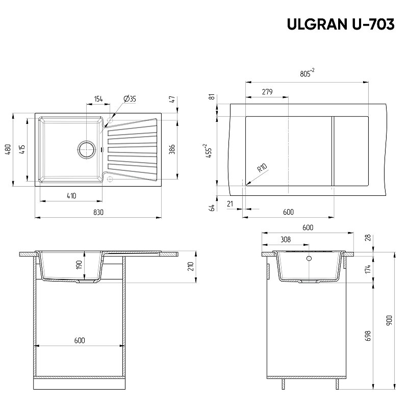 Мойка кухонная Ulgran U-703 -309 темно-серая U-703-309 - фотография № 9