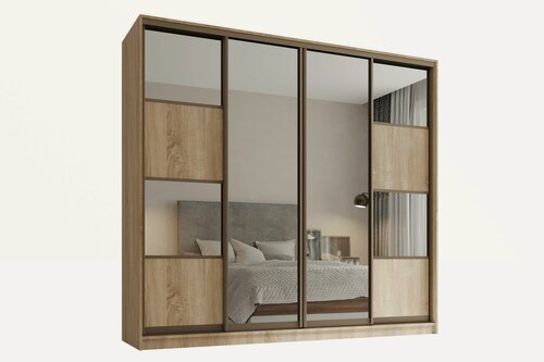Изображение товара Шкаф купе, для одежды Линц 4, Легкомаркет, 250х45х220, белье/платье/платье, дуб сонома, профиль шампань, с зеркалом