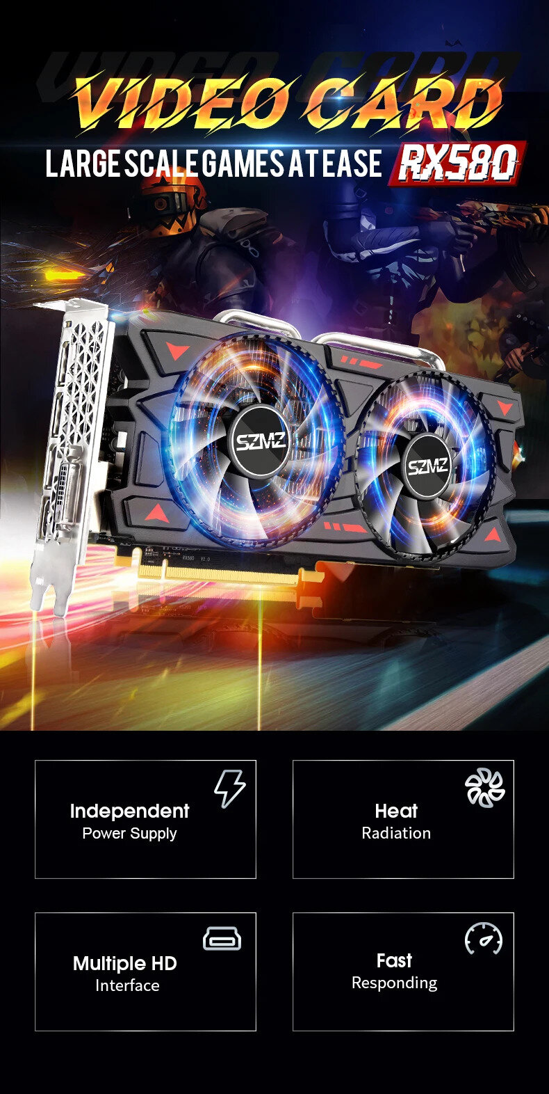 Видеокарта SZMZ Radeon RX580 / 8GB GDDR5 / 256bit GPU / Gaming / Игровая