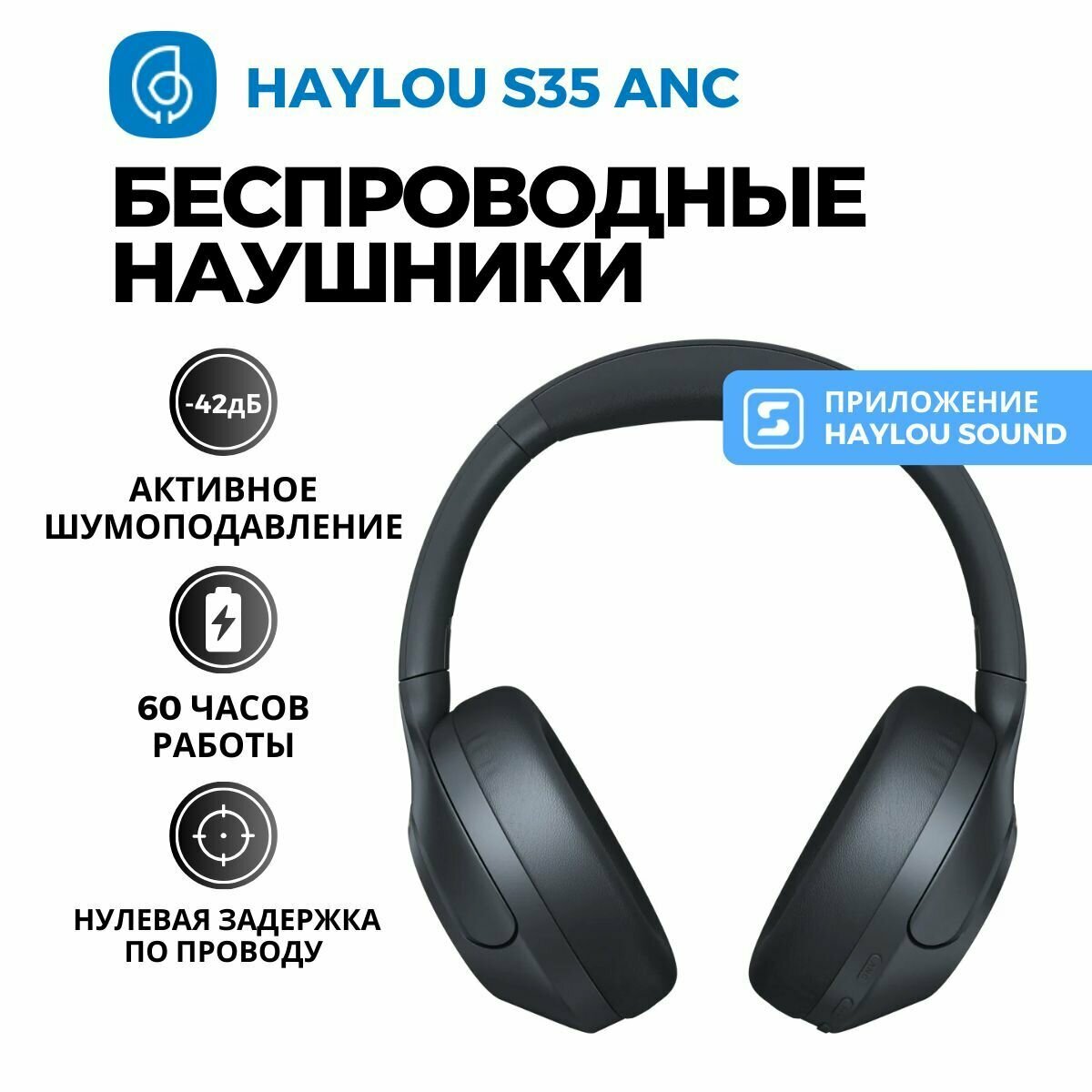 Беспроводные наушники Haylou S35 ANC темно-синие, с шумоподавлением, игровые, накладные, полноразмерные