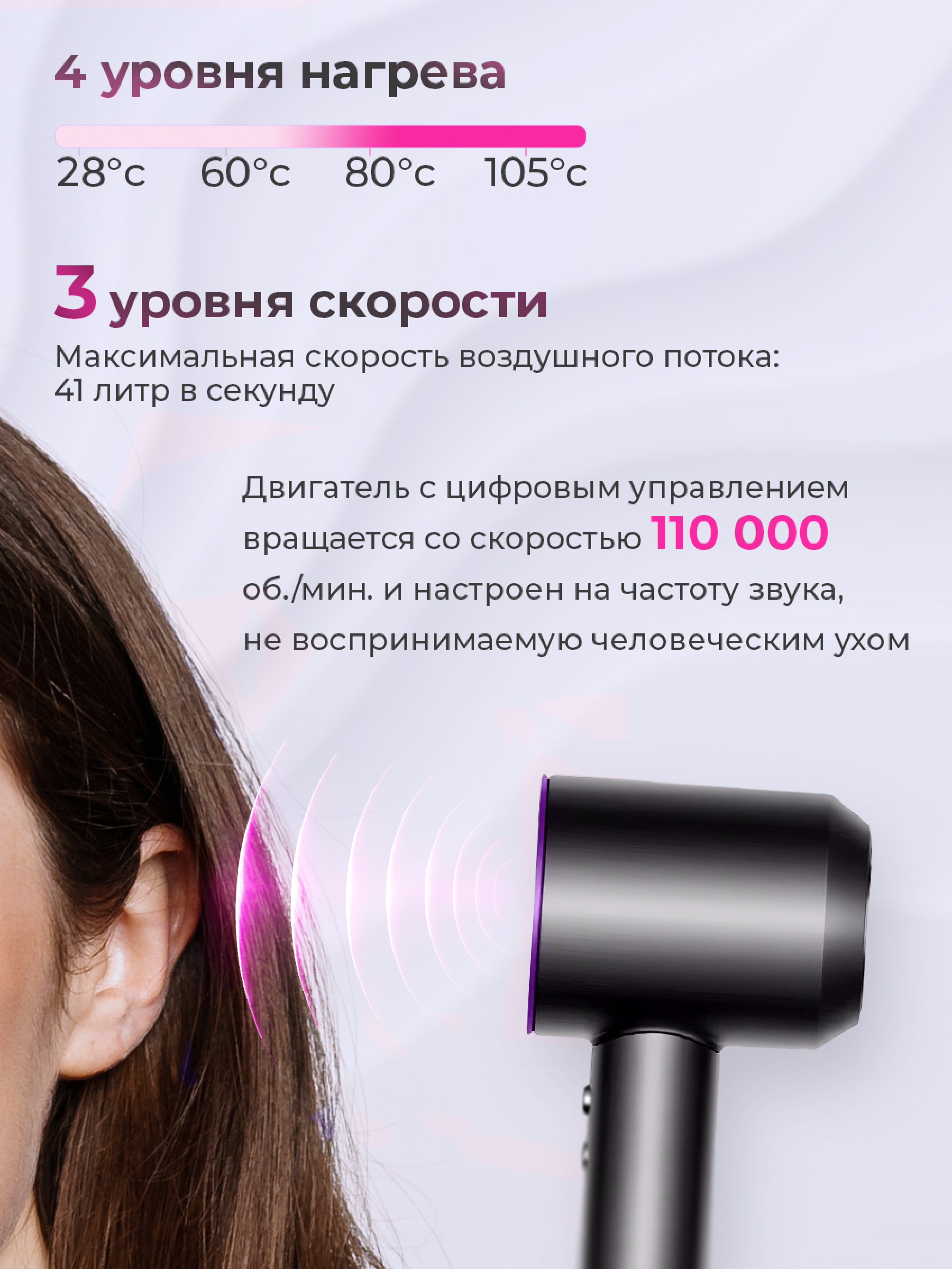 Профессиональный фен для волос iHair-1600 Super Hair Dryer 1600 Вт, 3 режима, 5 магнитных насадок, ионизация воздуха, фиолетовый - фотография № 6