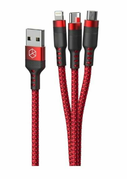 фото Кабель Breaking Nylon 3в1 Universal, USB3.0 A-Type-C/Micro/Lightning,60W, 3A,1.2m. (Красный) (21440)