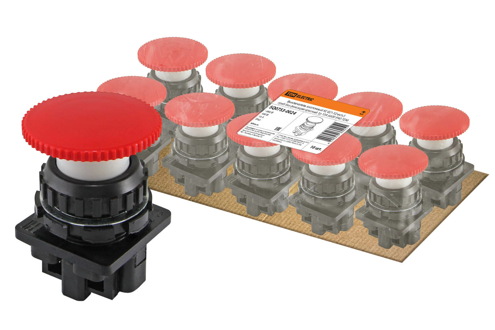 Выключатель кнопочный КЕ 021-У2-исп.5 гриб без фиксации красный 1р 10A 660B IP40 TDM 10 шт