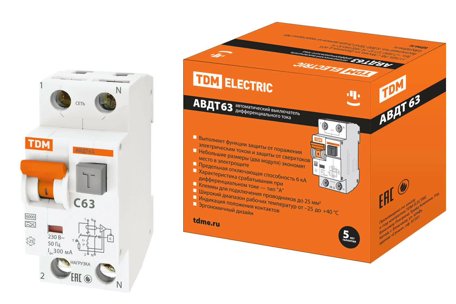 Автоматический выключатель дифференциального тока АВДТ 63 2Р(1Р+N) C63 300мА 6кА тип А, TDM SQ0202-0016 (1 шт.)