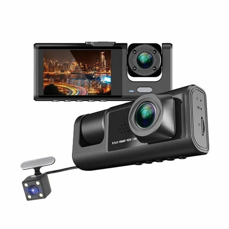 Видеорегистратор автомобильный FULL HD 3 в 1 с камерой заднего вида и видеонаблюдением салона