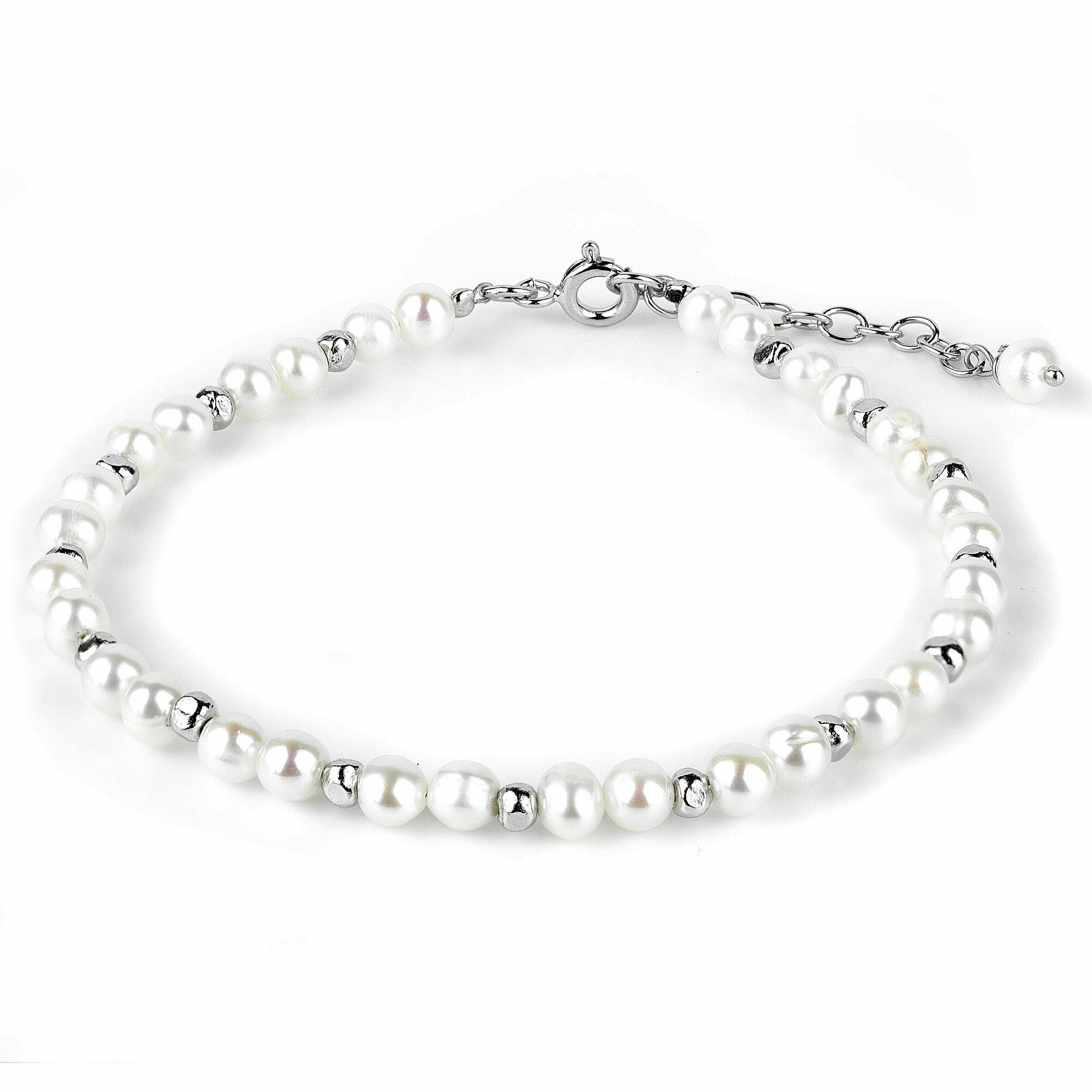 Браслет Sirius Jewelry, серебро, 925 проба, родирование, жемчуг культивированный, длина 18 см., серебристый/белый — фото 1