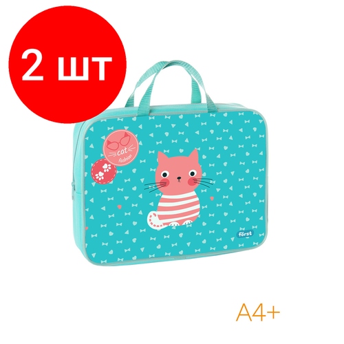 Комплект 2 шт, Папка текстильная с ручками 1 отделение, А4 Först Orange cat, 350*265*80мм, текстиль, на молнии папка текстильная с ручками 1 отделение а4 först shiny flamingo 350 265 80мм текстиль на молнии