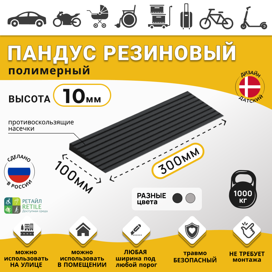 фото Пандус полимерный РУБЕЖ для порогов высотой 1 см (10х300х100 мм)