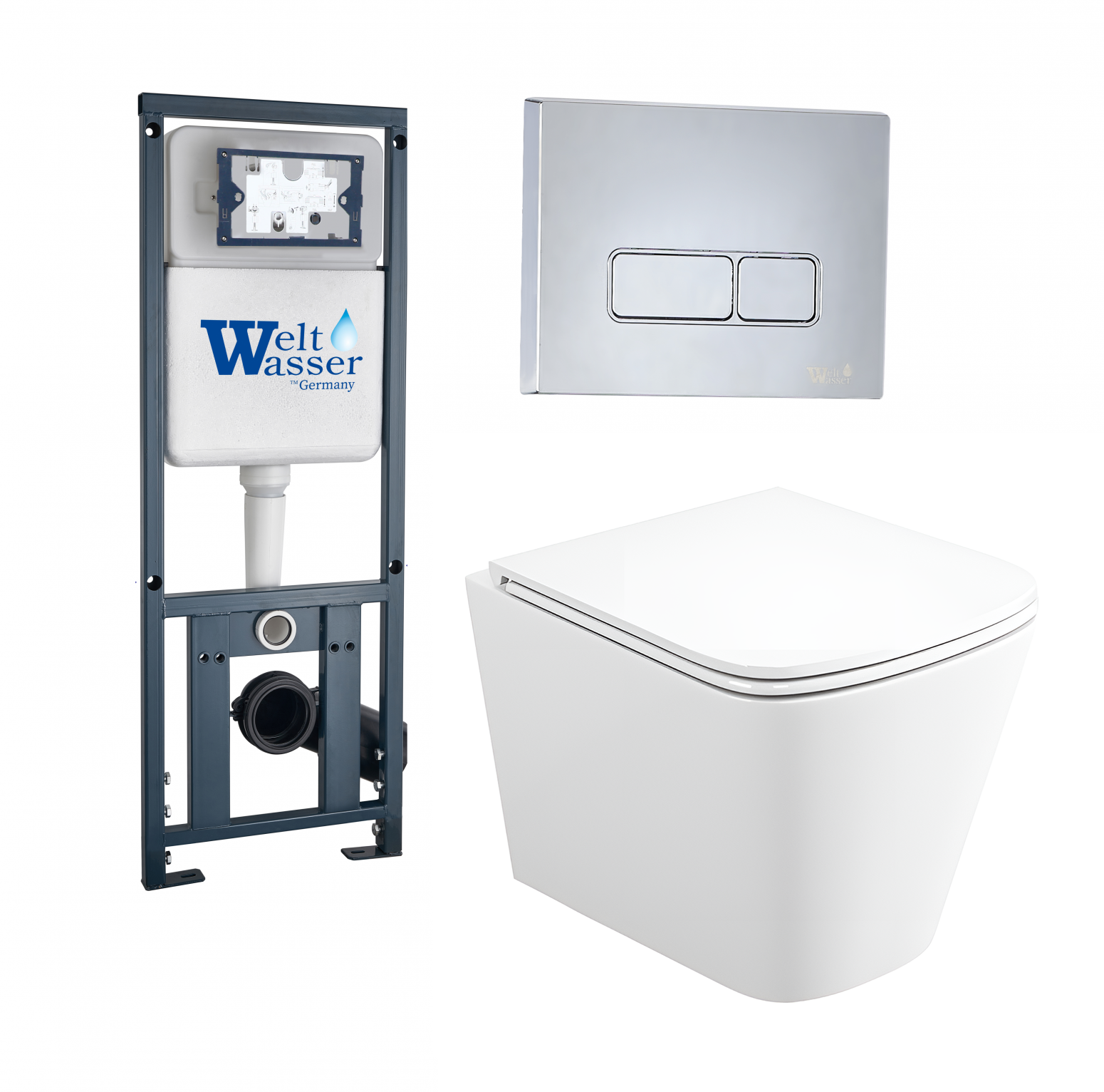 фото Комплект 3 в 1 инсталляция WeltWasser Marberg 410 + Подвесной унитаз BelBagno Due BB3103CHR/SC + кнопка хром SE