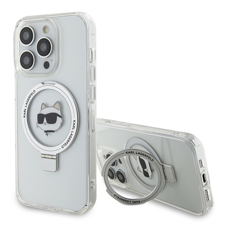 Lagerfeld для iPhone 15 Pro чехол PC/TPU + Ring stand NFT Choupette head Hard White (MagSafe)